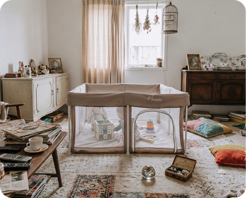 mummio portable safe space at grandmas house on a rug. There is breakables and clutter around, the house is not baby proof and dangerous to small children. 