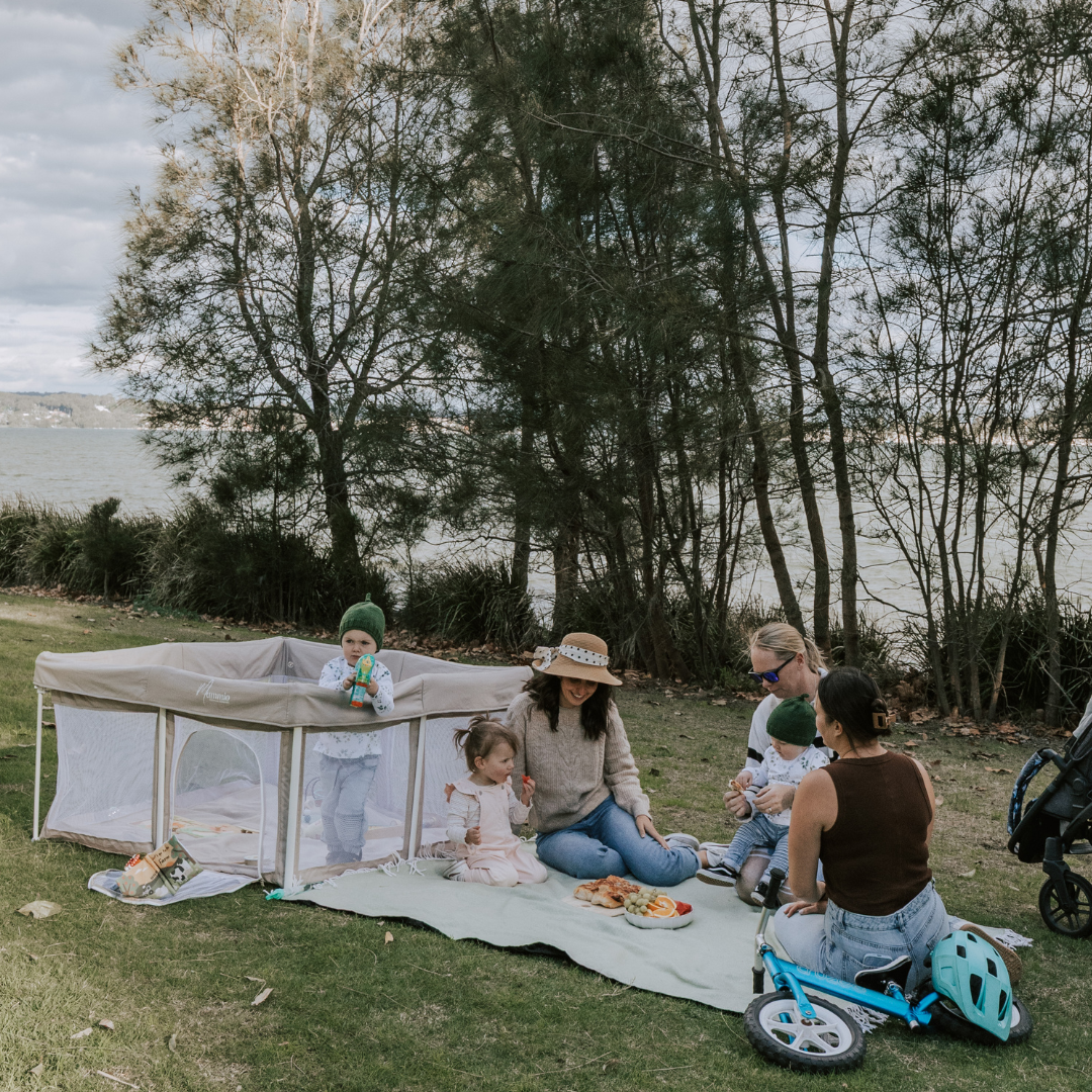 Portable pop up baby and toddler play pen. Mums and children outdoors having a picnic on the grass with a lake behind. Therr is a toddler balance bike and a pram 