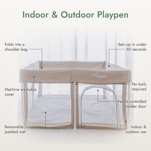 Mummio Portable Safe Space playpen in Dune with feature callouts: folds into a shoulder bag, sets up in 60 seconds, machine washable cover, parent controlled toddler door and removable padded mat.