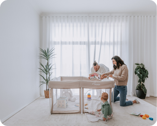 Baby playing in a Mummio Portable Safe Space at home